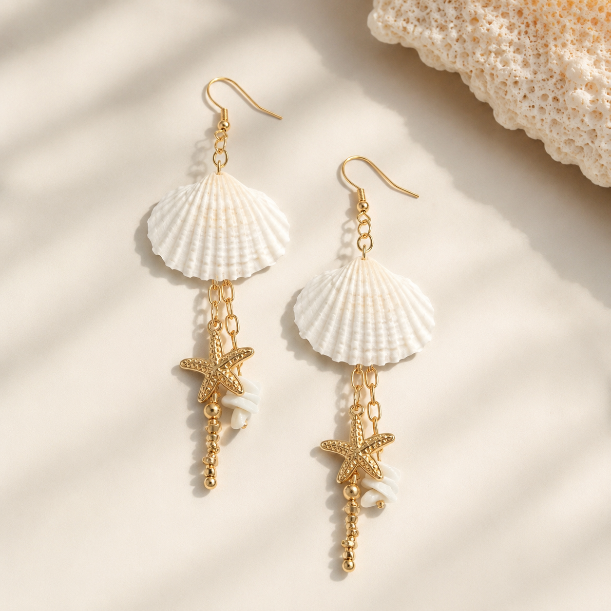Boucles d’oreilles coquillage & étoile de mer dorées – Style Bohème Chic