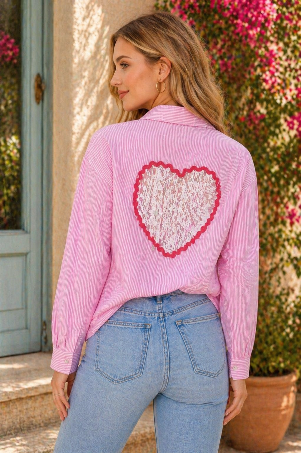 Chemise rayé cœur dentelle rose Miss Azur