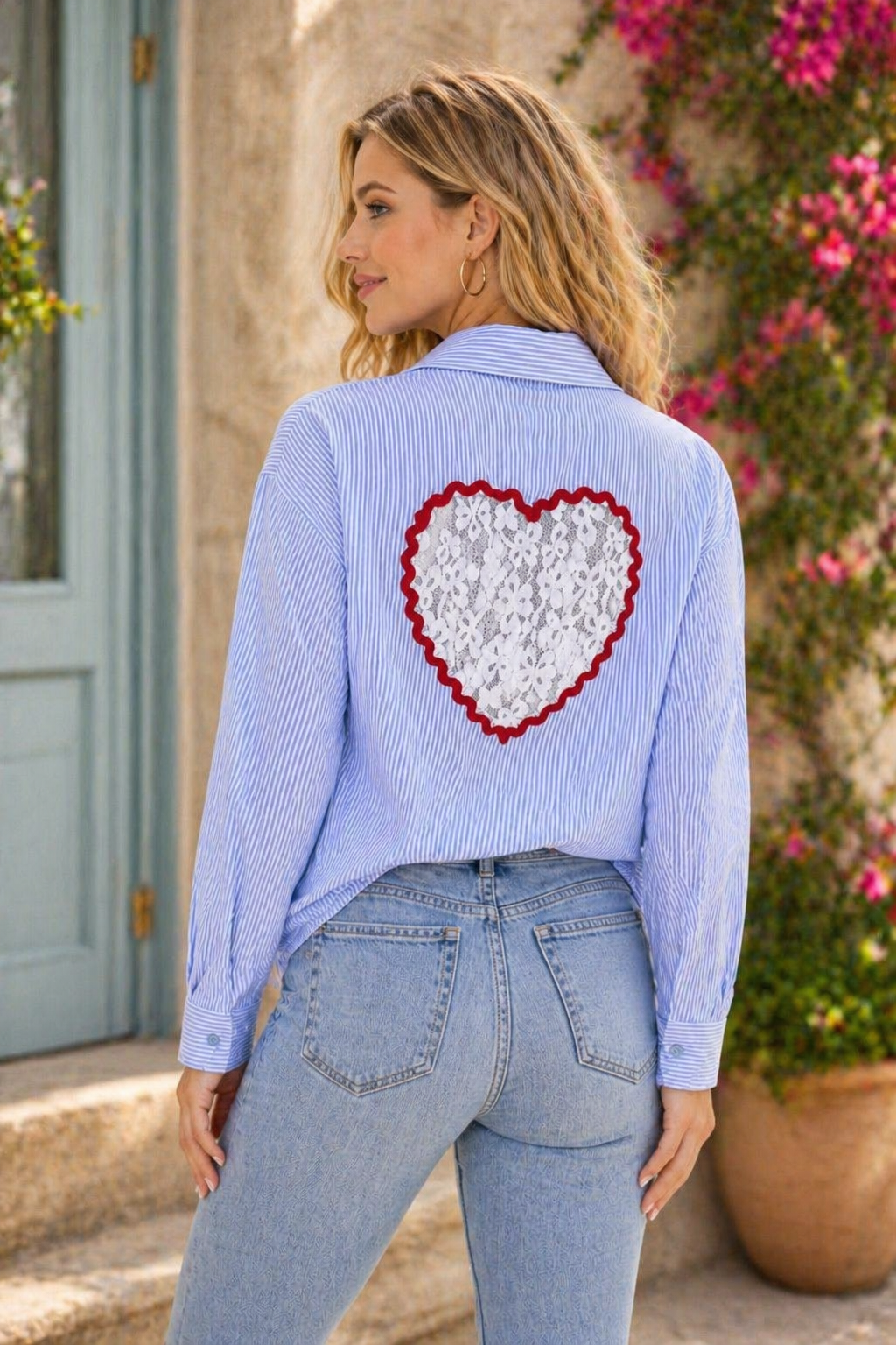 Chemise rayé cœur dentelle bleu Miss azur