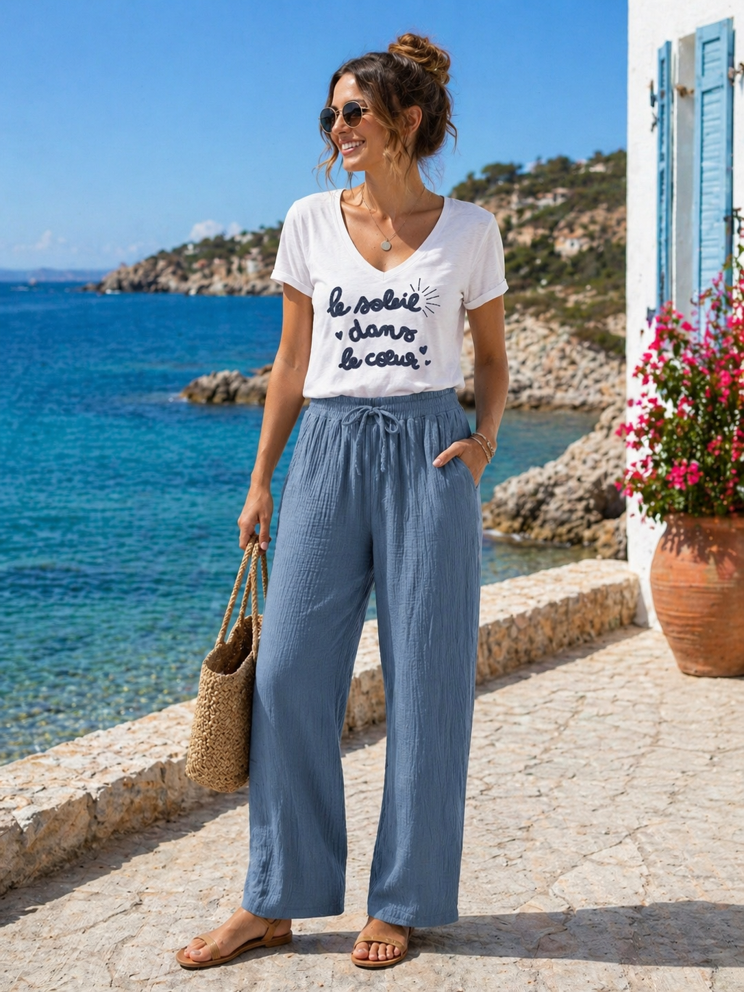 Pantalon brise marine gaz de coton bleu céladon Cocco Bello