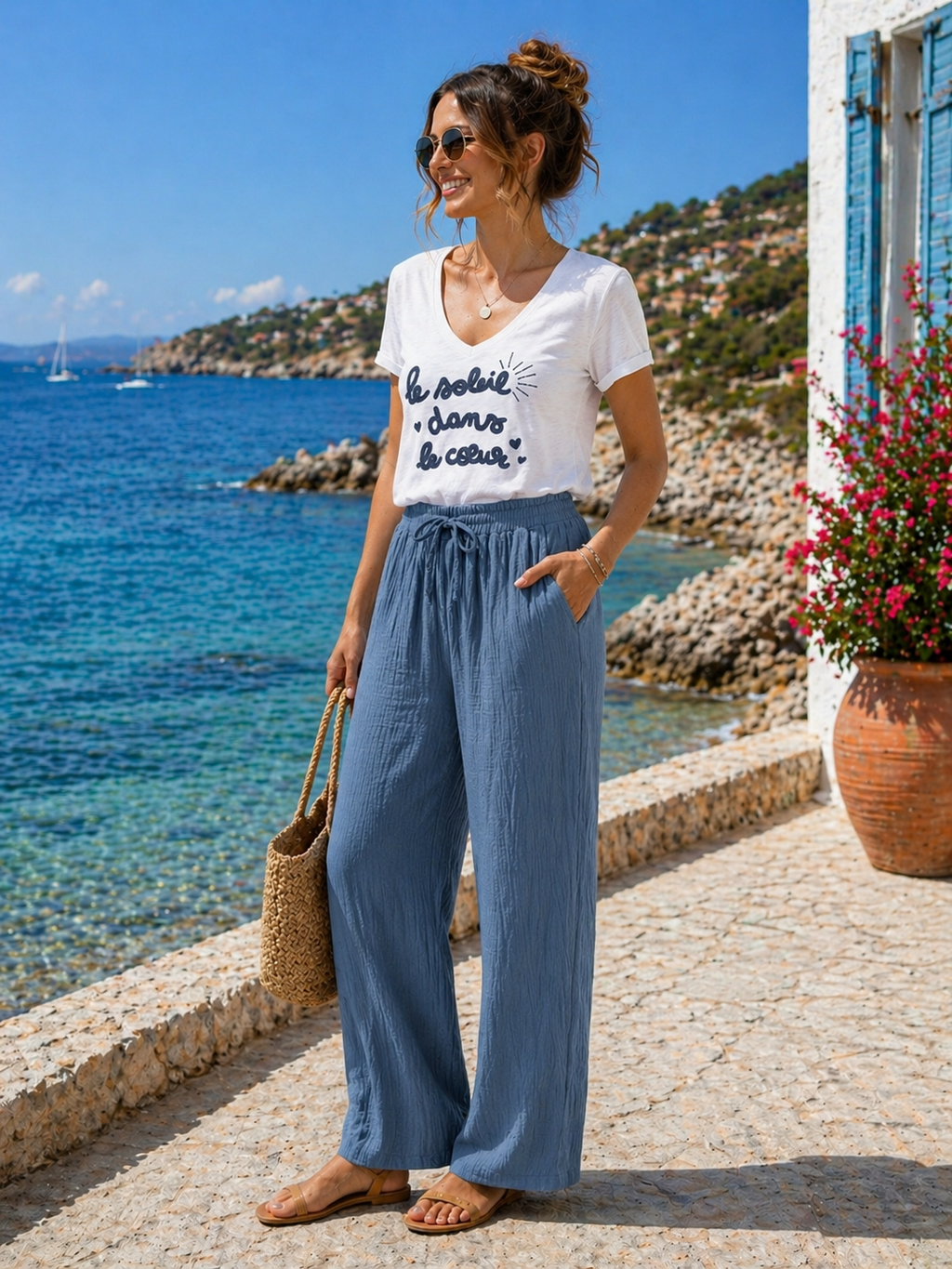 Pantalon brise marine gaz de coton bleu céladon Cocco Bello