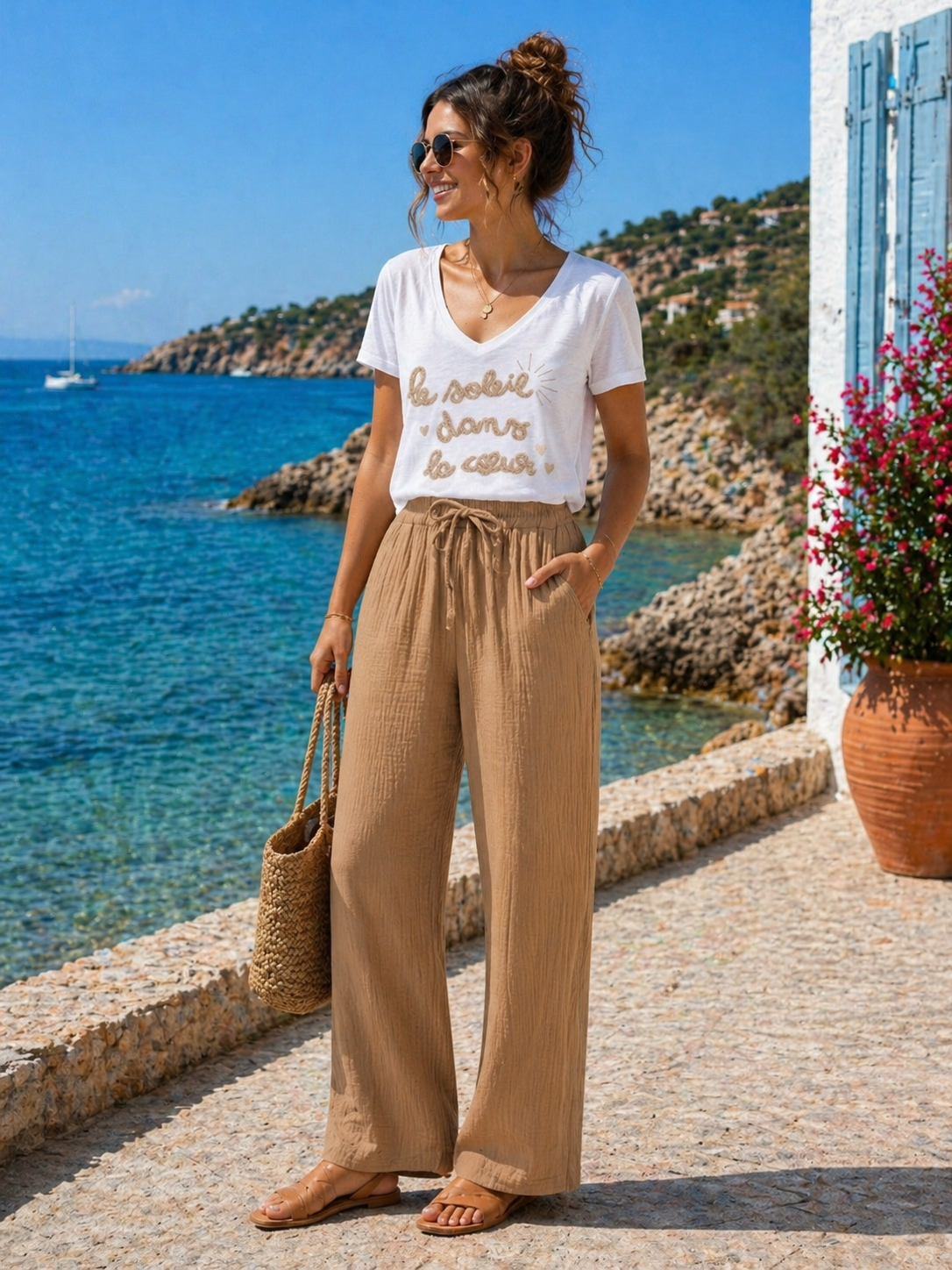Pantalon soleil bohème gaz de coton camel Cocco  Bello