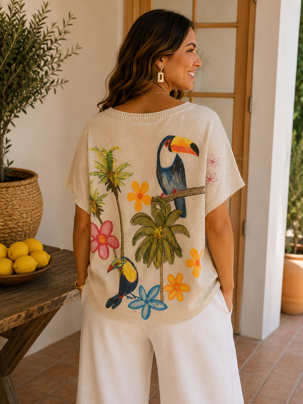 Pull léger pailletée tropical toucans & palmiers – Style exotique bohème Miss Azur