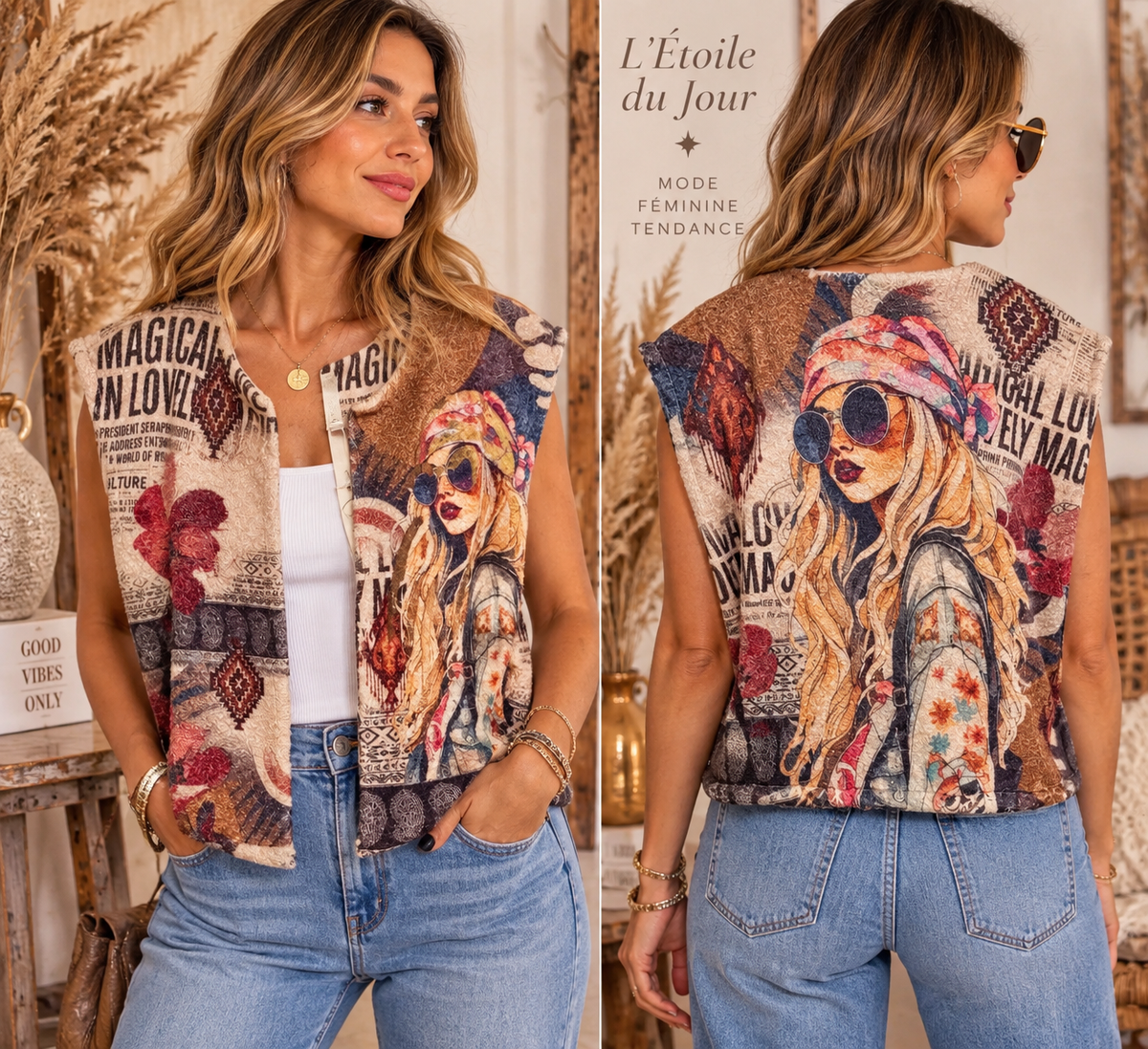 Gilet Sans Manches Imprimé Femme au Motif Bohème – Tendance