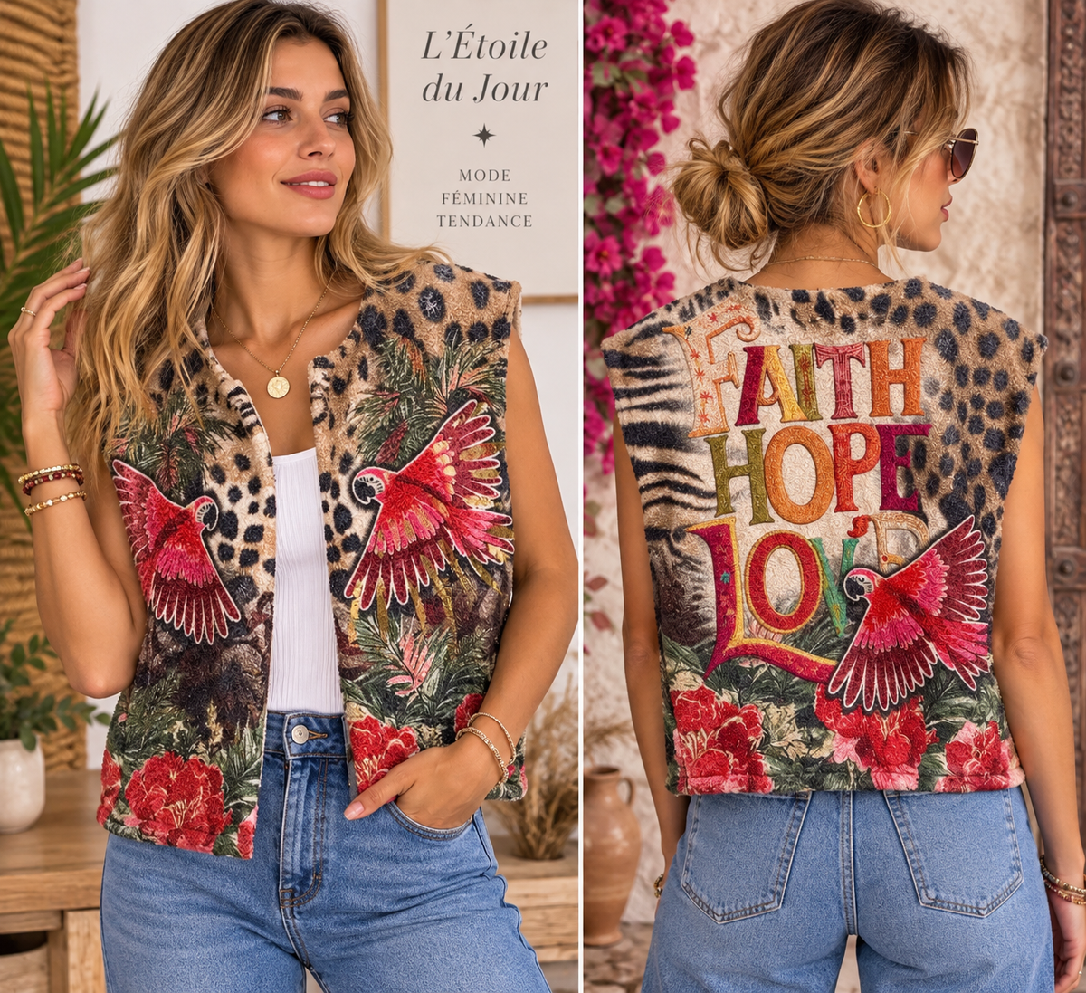Gilet Sans Manches Léopard Imprimé Perroquets & Fleurs – Tendance