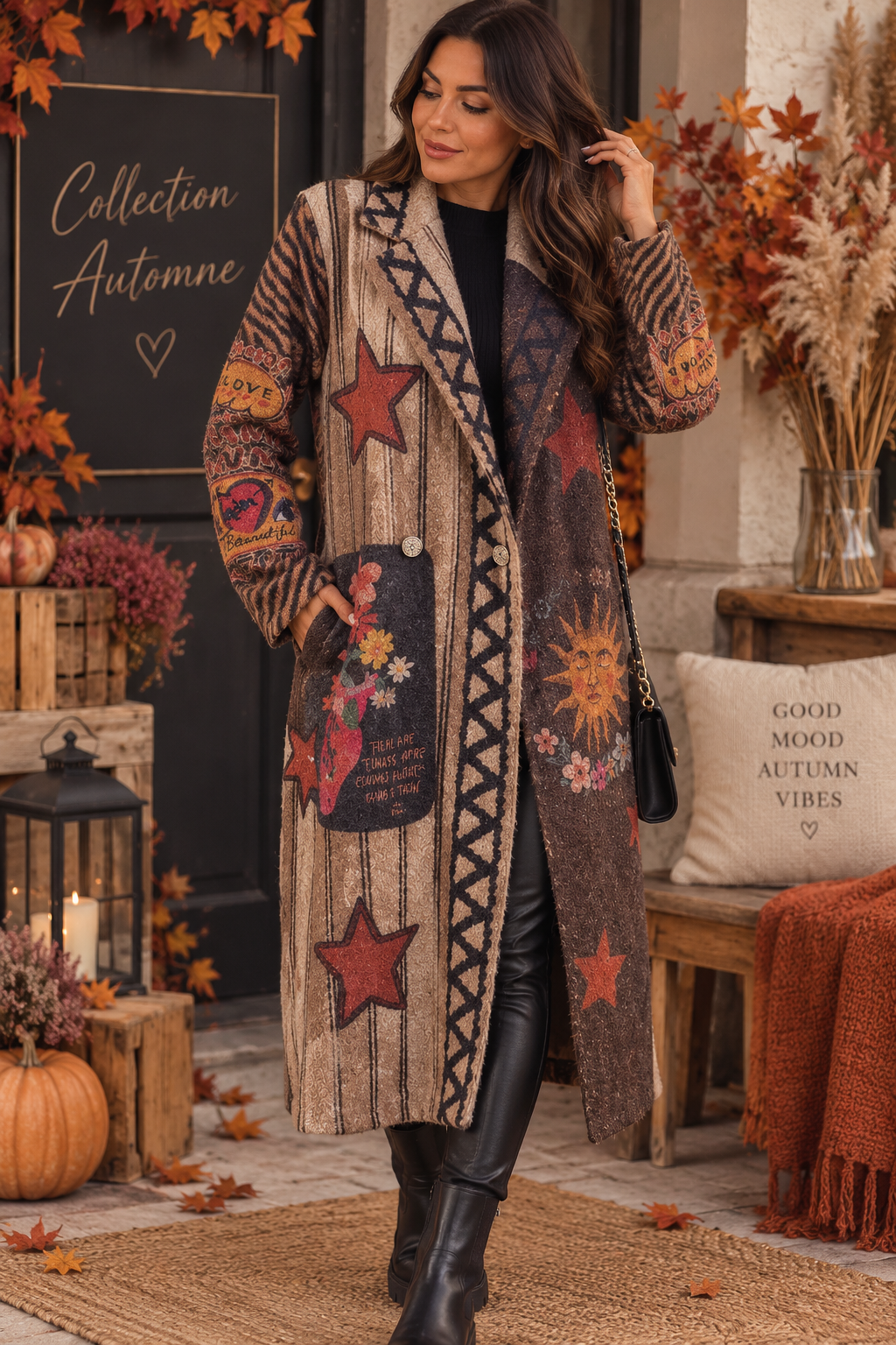 Manteau Long Imprimé Bohème Multicolore – Étoiles & Motifs Tendance
